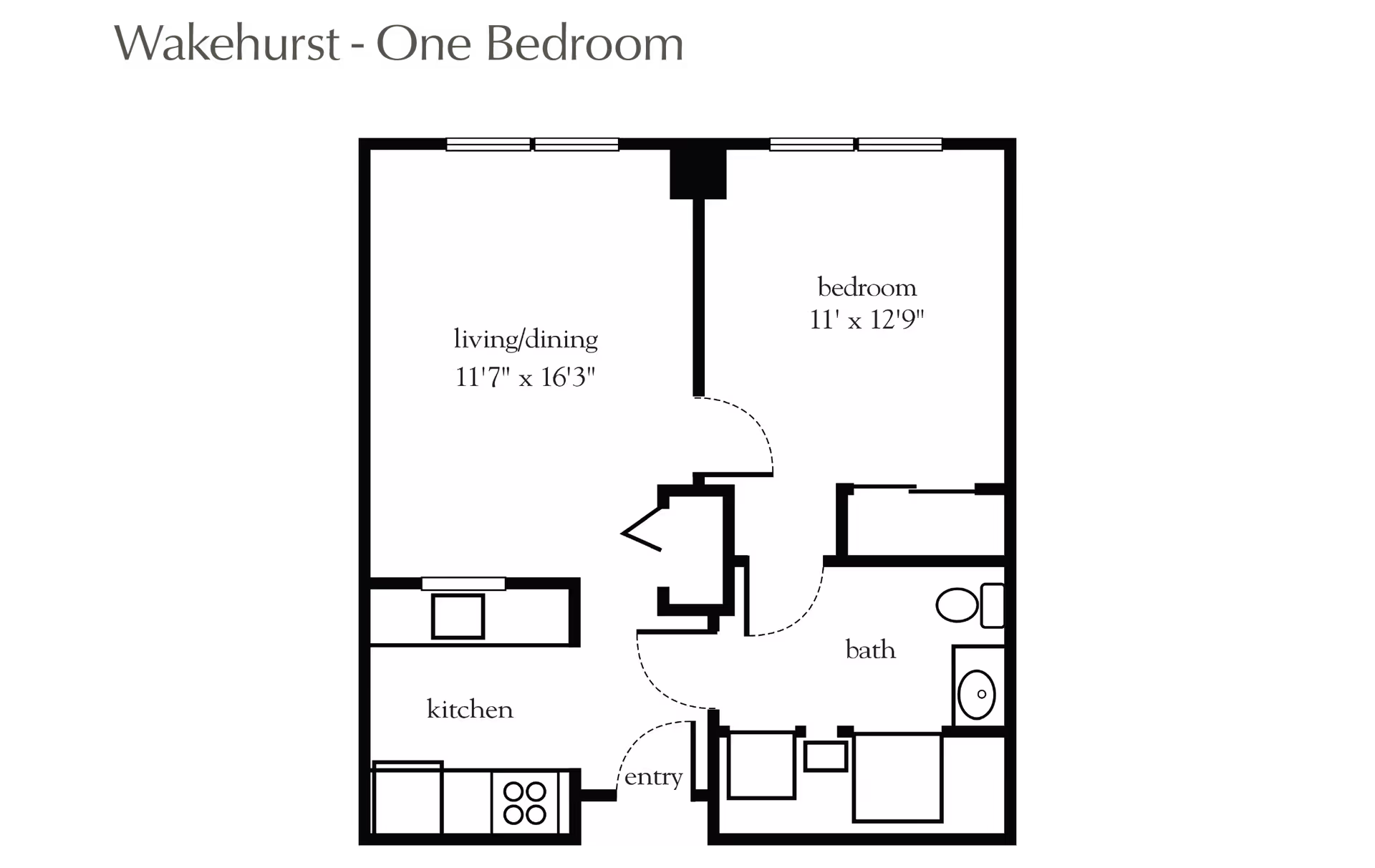 Black-and-white one-bedroom floor plan titled Wakehurst - One Bedroom showing living/dining, kitchen, bedroom, bath, and entry with dimensions.