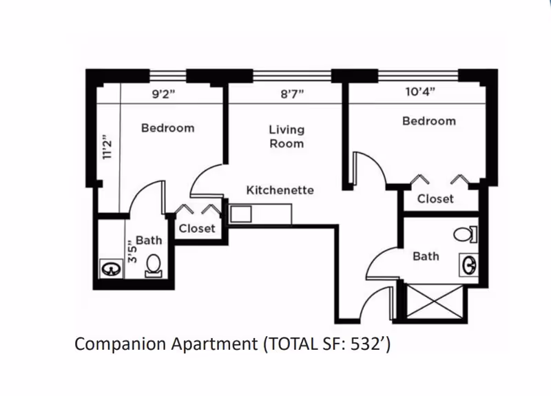 Floor plan of a companion apartment with two bedrooms, two bathrooms, a living room with kitchenette, and closets. The total area is 532 square feet.