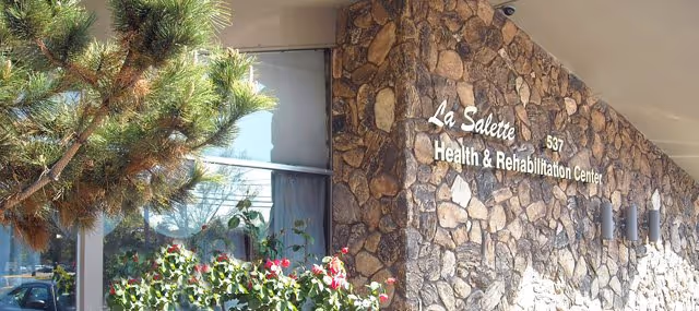 Exterior view of a stone wall building with the sign 'La Salette Health & Rehabilitation Center 537' mounted on it, with a tree and flowering plants in front of a large window reflecting the outdoors.