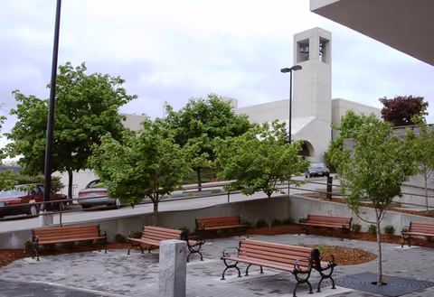 Outdoor courtyard area with several wooden benches arranged around small trees and landscaped mulch beds. A light pole and a white building with a bell tower are visible in the background under a cloudy sky.