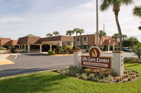Exterior view of Life Care Center of Altamonte Springs with sign and entrance.