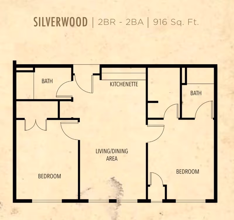 Floor plan of Silverwood unit at Sunflower Springs showing 2 bedrooms, 2 bathrooms, a kitchenette, and a combined living/dining area with a total area of 916 square feet.