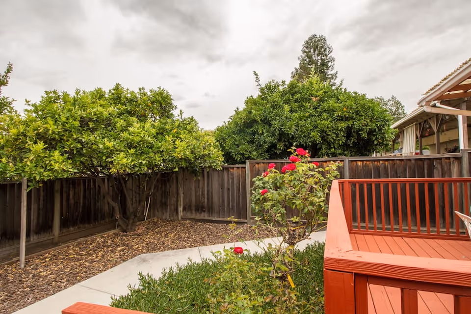 A fenced backyard garden area with a concrete pathway, green bushes, a rose bush with red flowers, and several trees. There is a red wooden deck railing on the right side and a cloudy sky overhead.