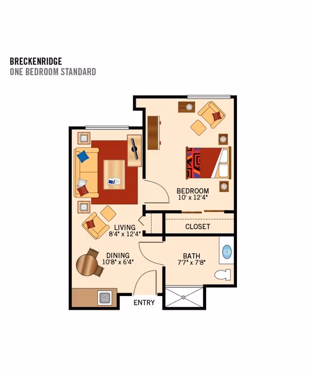 Colored floor plan diagram titled 'Breckenridge One Bedroom Standard' showing a one-bedroom apartment layout with living room, dining area, bedroom, closet, bathroom and entry.