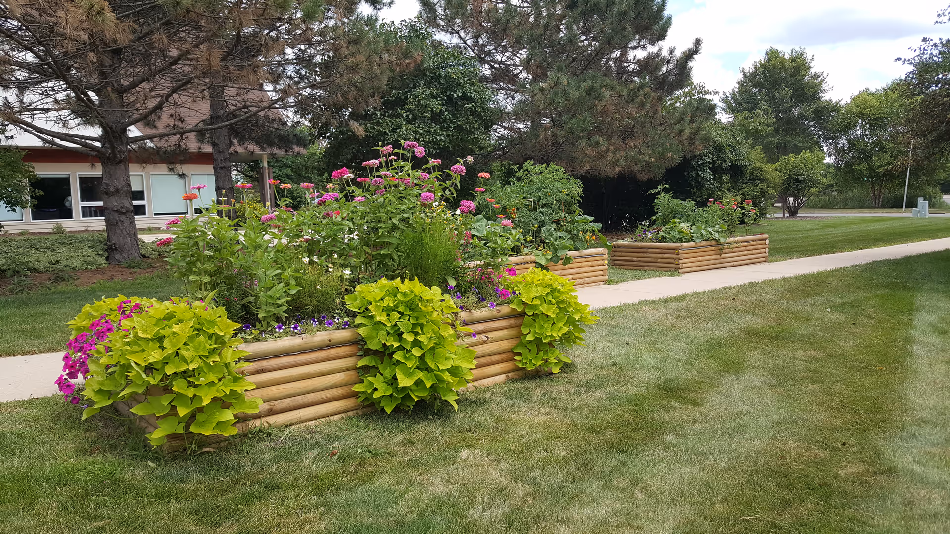 A landscaped outdoor area at McKee Park Apartments featuring raised wooden garden beds filled with various green plants and colorful flowers. There is a paved walkway running alongside the garden beds, with trees and a building visible in the background under a partly cloudy sky.