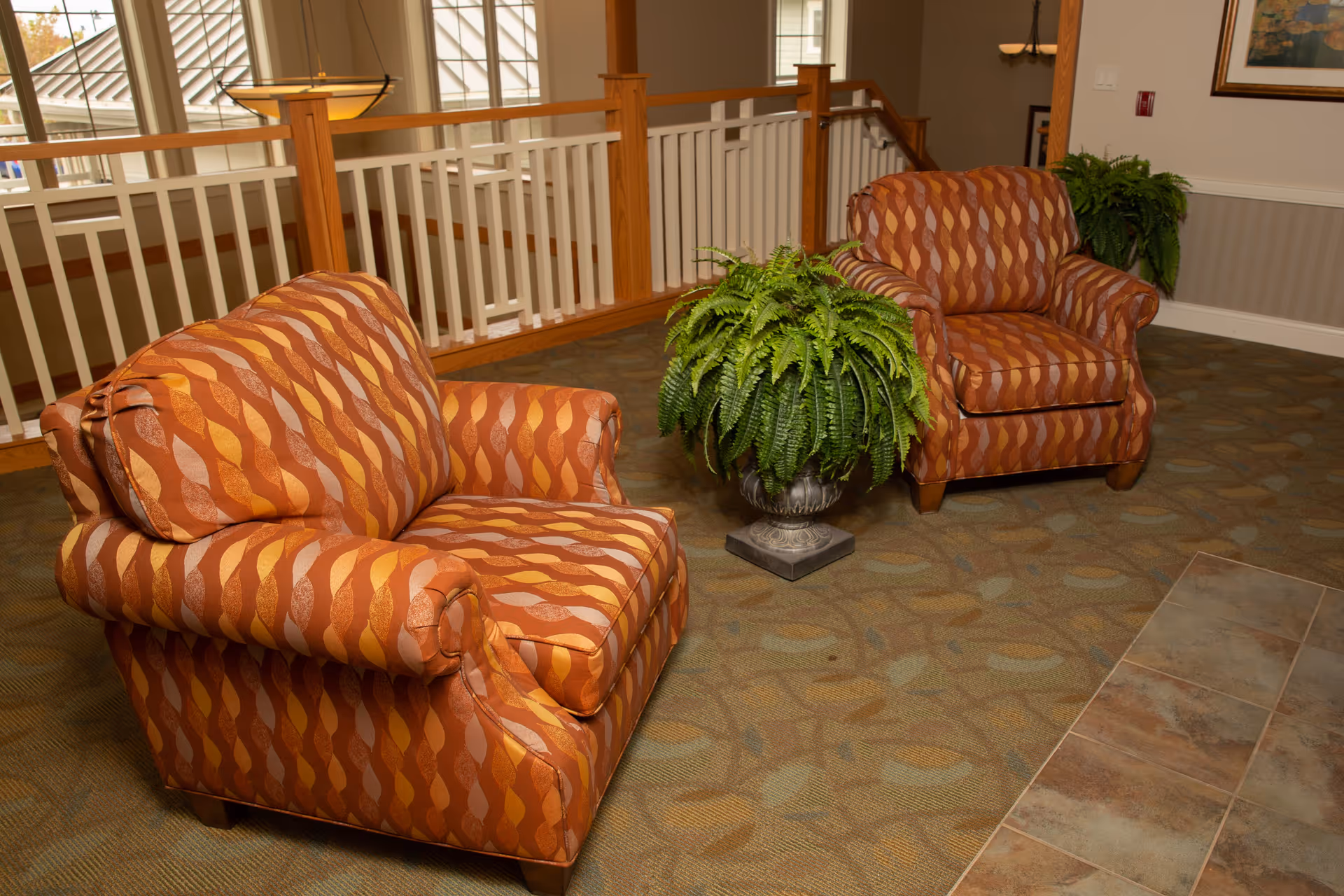 Two patterned armchairs with orange, yellow, and brown wavy stripes are placed on a carpeted floor next to a potted green fern plant in a decorative planter. The background shows a wooden railing with white balusters and a staircase, along with a wall featuring a framed picture and another plant.