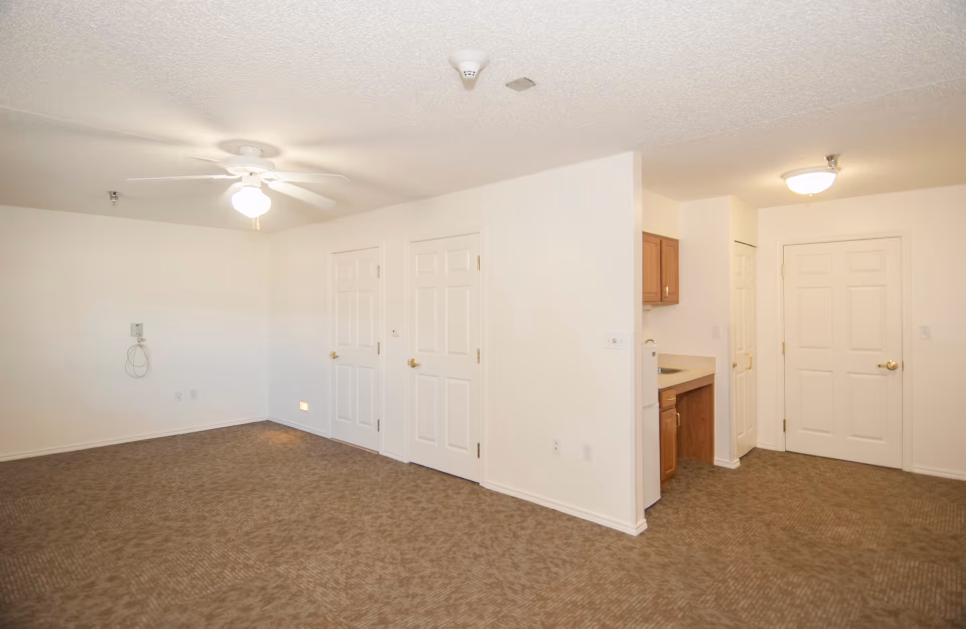 Empty room with beige carpet, white walls, and ceiling fan with light. There are three white doors, a small kitchenette with wooden cabinets and a sink, and a ceiling light near the entrance door.