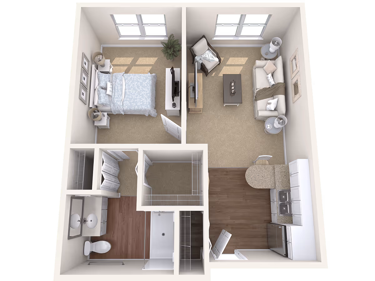 3D floor plan of a one-bedroom apartment at The Grande at Laumeier Park, showing a bedroom with a bed, nightstands, and TV, a living room with a sofa, armchair, coffee table, and TV, a kitchen with appliances and a countertop with a chair, a bathroom with a toilet, double sink, and shower, and multiple closets.