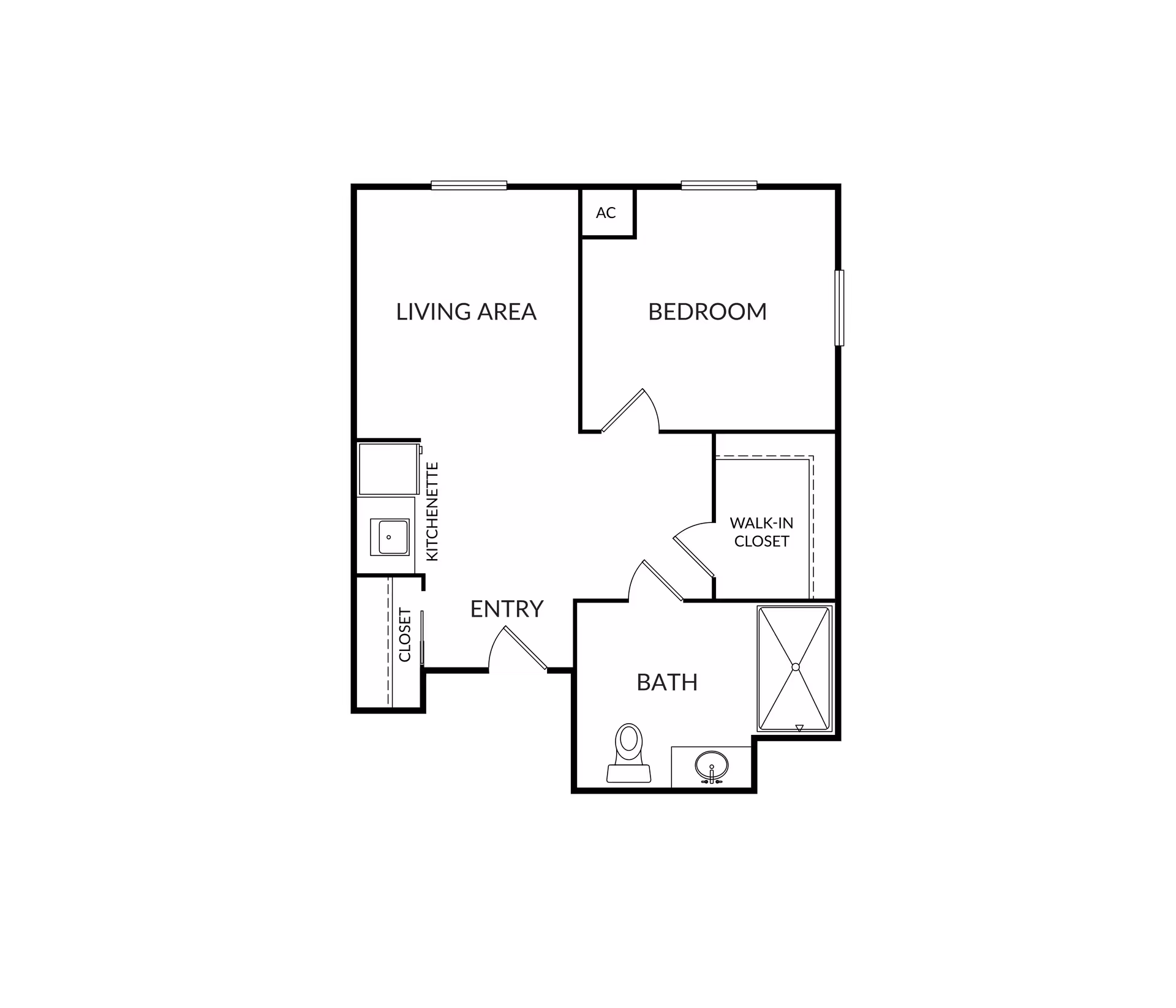 Floor plan layout showing a living area, bedroom, walk-in closet, bathroom with toilet, sink, and shower, kitchenette, closet, and entry door.