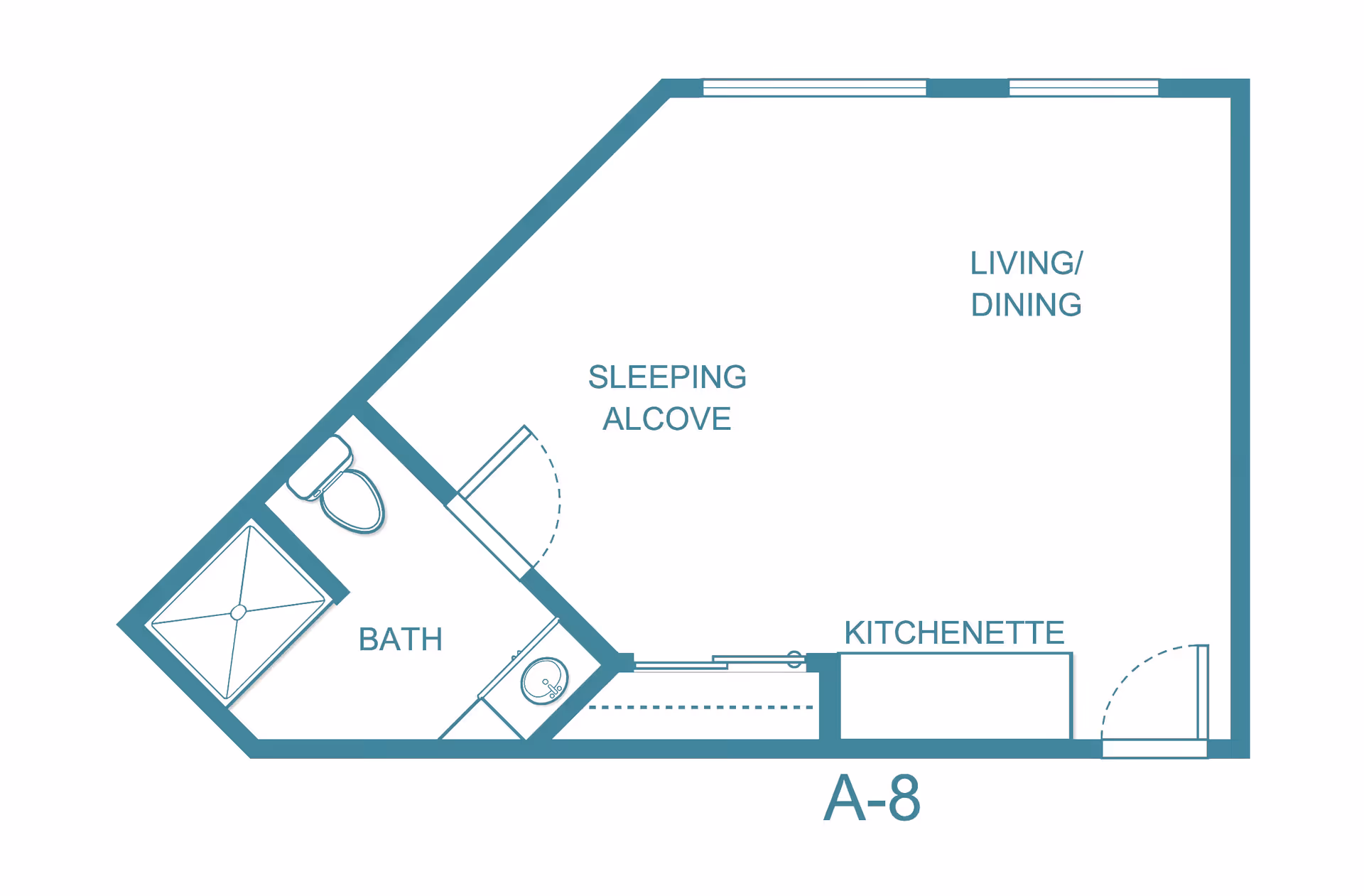Floor plan of a studio apartment labeled A-8 at Solista Spokane, showing a sleeping alcove, bath with shower and toilet, kitchenette, and combined living/dining area.