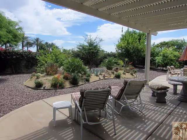 Covered patio with lounge chairs overlooking a landscaped desert backyard with succulents and palm trees.
