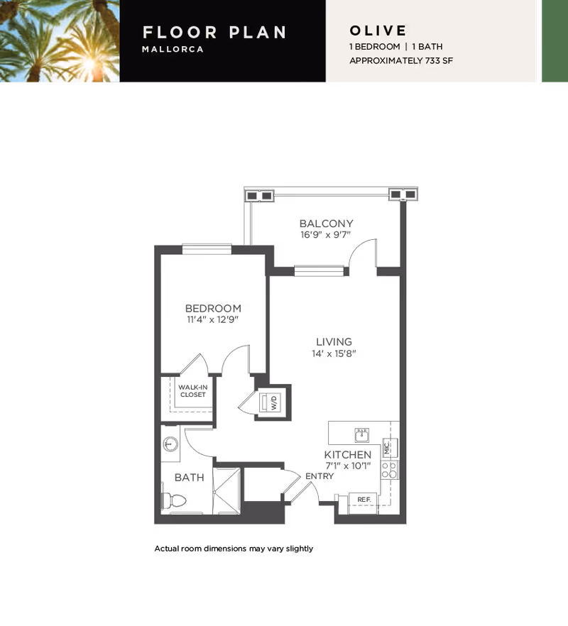 Floor plan layout for the Mallorca Olive unit at La Posada, showing a 1 bedroom, 1 bath apartment approximately 733 square feet in size.