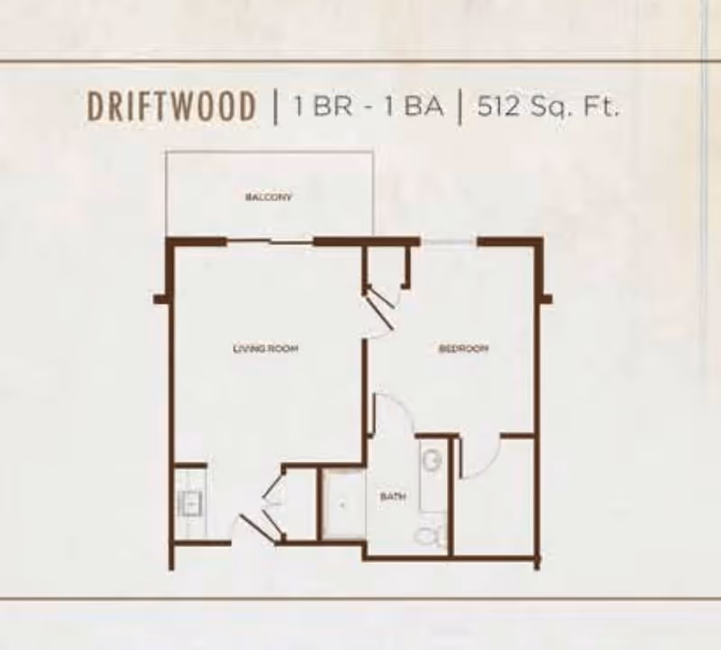 Floor plan of a one-bedroom, one-bathroom apartment named Driftwood with 512 square feet, showing a living room, bedroom, bathroom, kitchen area, and a balcony.