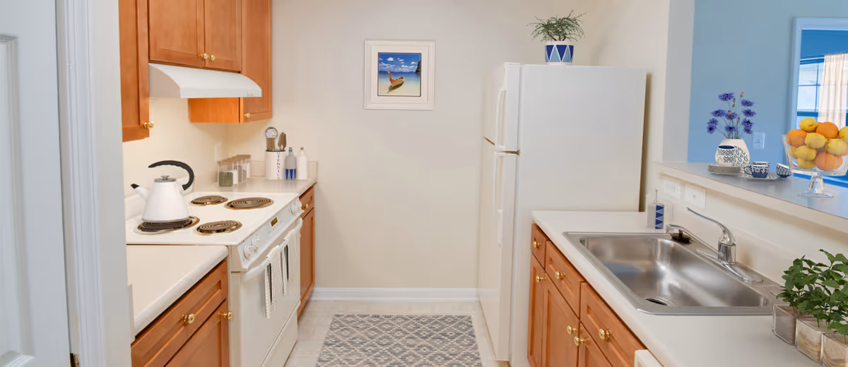 A small kitchen with wooden cabinets, a white electric stove with a kettle on it, a white refrigerator, a stainless steel sink, and a countertop with decorative plants and a bowl of fruit. A framed picture of a boat on the beach hangs on the wall.