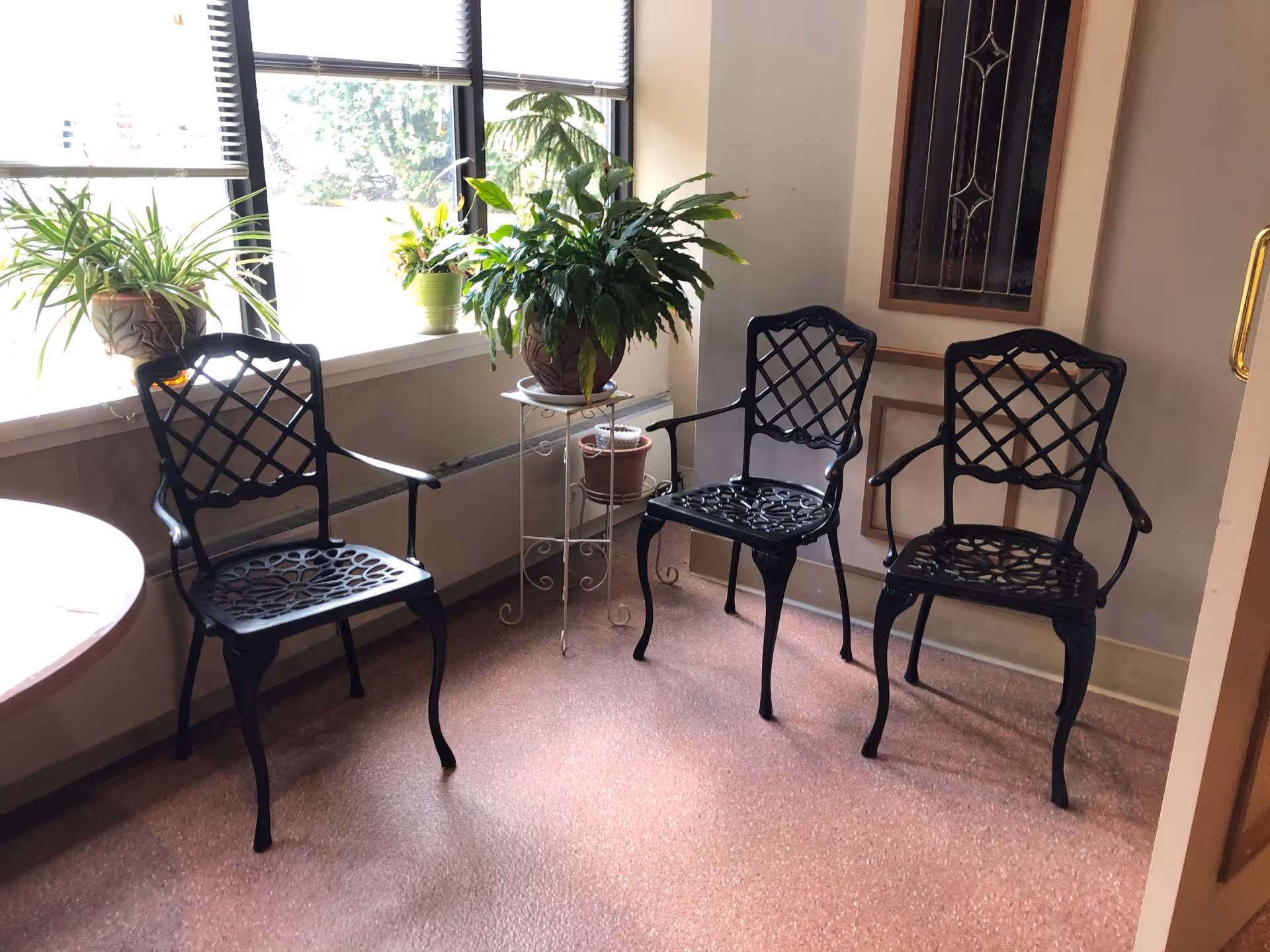 Three black metal chairs with decorative lattice backs and seats arranged near a window with blinds. Several potted plants are placed on the windowsill and on a small white metal plant stand. The floor is covered with a reddish-brown speckled surface, and a wooden door with a glass panel is partially visible on the right.