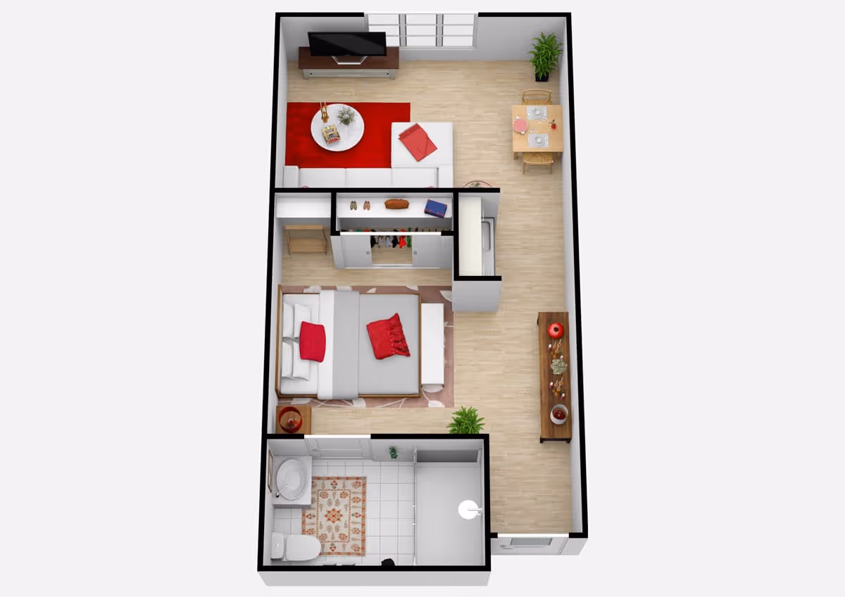 3D floor plan of a small apartment unit featuring a bedroom with a double bed and red pillows, a bathroom with a toilet and shower, a living room with a white sectional sofa, red rug, and TV, and a dining area with a small table set for two. There are plants and decorative items throughout the space.