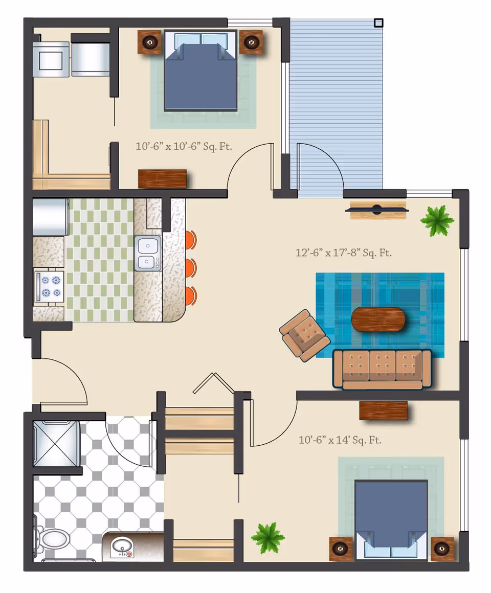 Floor plan of an apartment at North Creek showing two bedrooms, a living room, a kitchen with a breakfast bar, a bathroom with a shower, and a small outdoor balcony area.