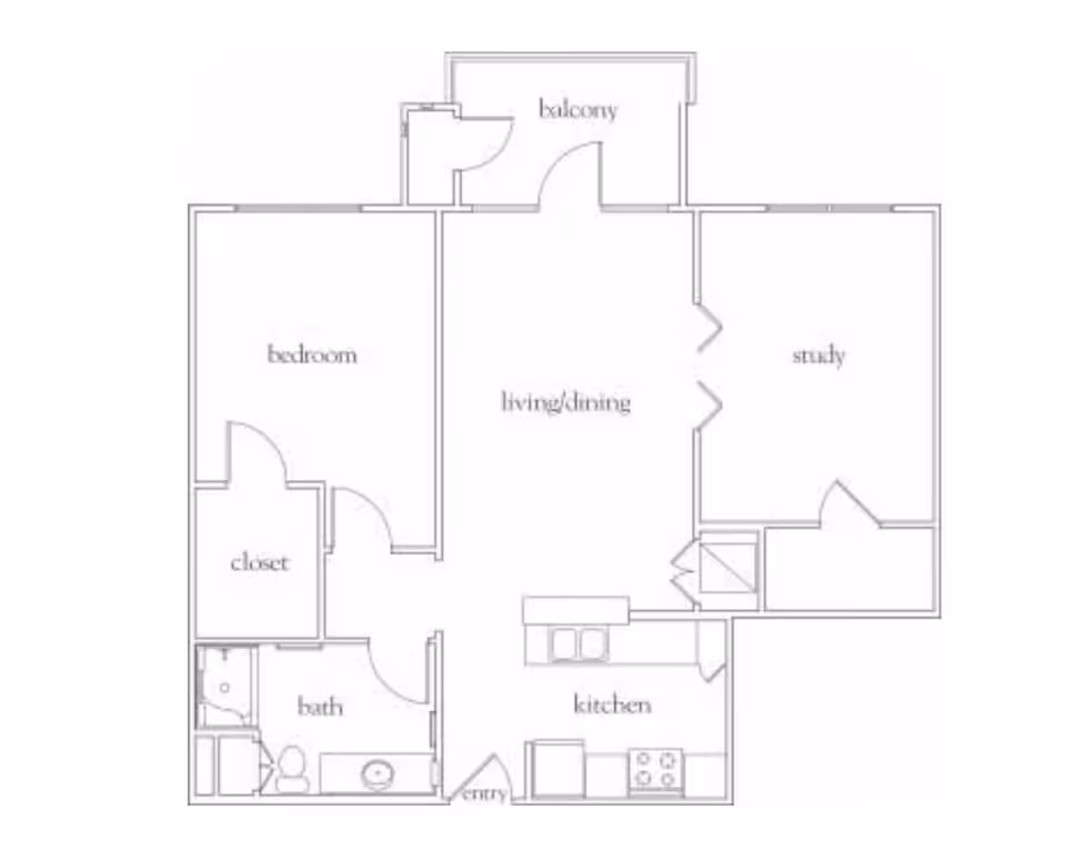 Floor plan of an apartment unit showing labeled rooms including bedroom, closet, bath, kitchen, living/dining area, study, entry, and balcony.