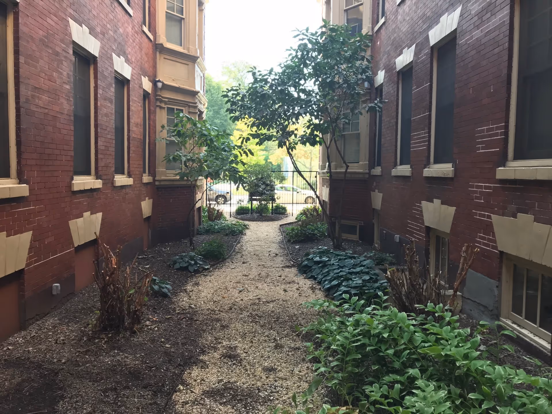 A narrow outdoor garden path with gravel between two red brick buildings. The path is lined with green plants and small trees, leading to a black metal gate at the end. Cars and trees are visible beyond the gate.