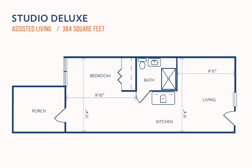 Floor plan of a studio deluxe assisted living unit measuring 384 square feet, showing a porch, bedroom, bath, kitchen, and living area with dimensions.