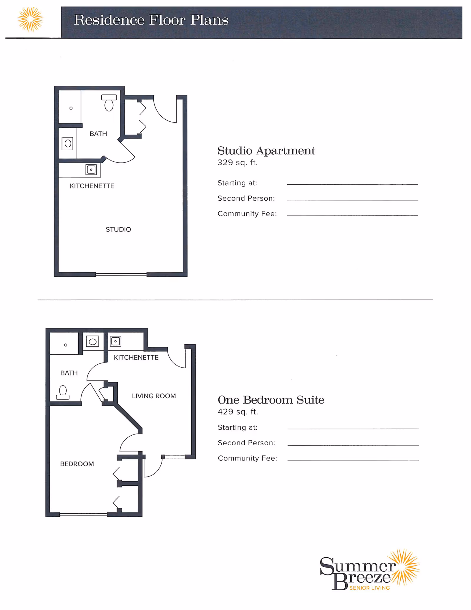 Floor plans for Summer Breeze Senior Living showing two types of residences: a Studio Apartment with 329 sq. ft. including a bath, kitchenette, and studio area; and a One Bedroom Suite with 429 sq. ft. including a bath, kitchenette, living room, and bedroom. Each plan has spaces labeled and areas for pricing and fees to be filled in.