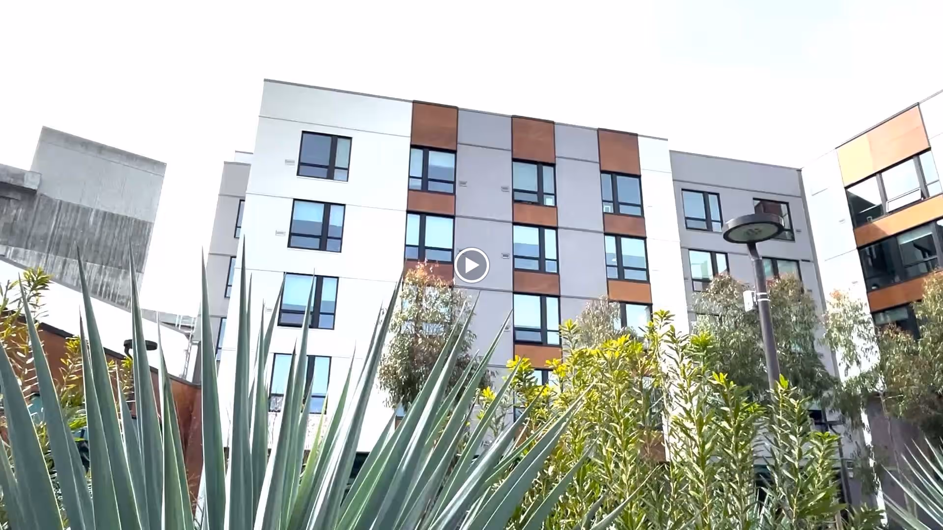 Exterior view of a modern multi-story assisted living facility building with large windows, surrounded by tall green plants and trees under a bright sky.