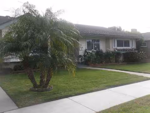 Front exterior view of La Habra Plaza with a palm tree, lawn, and walkway.