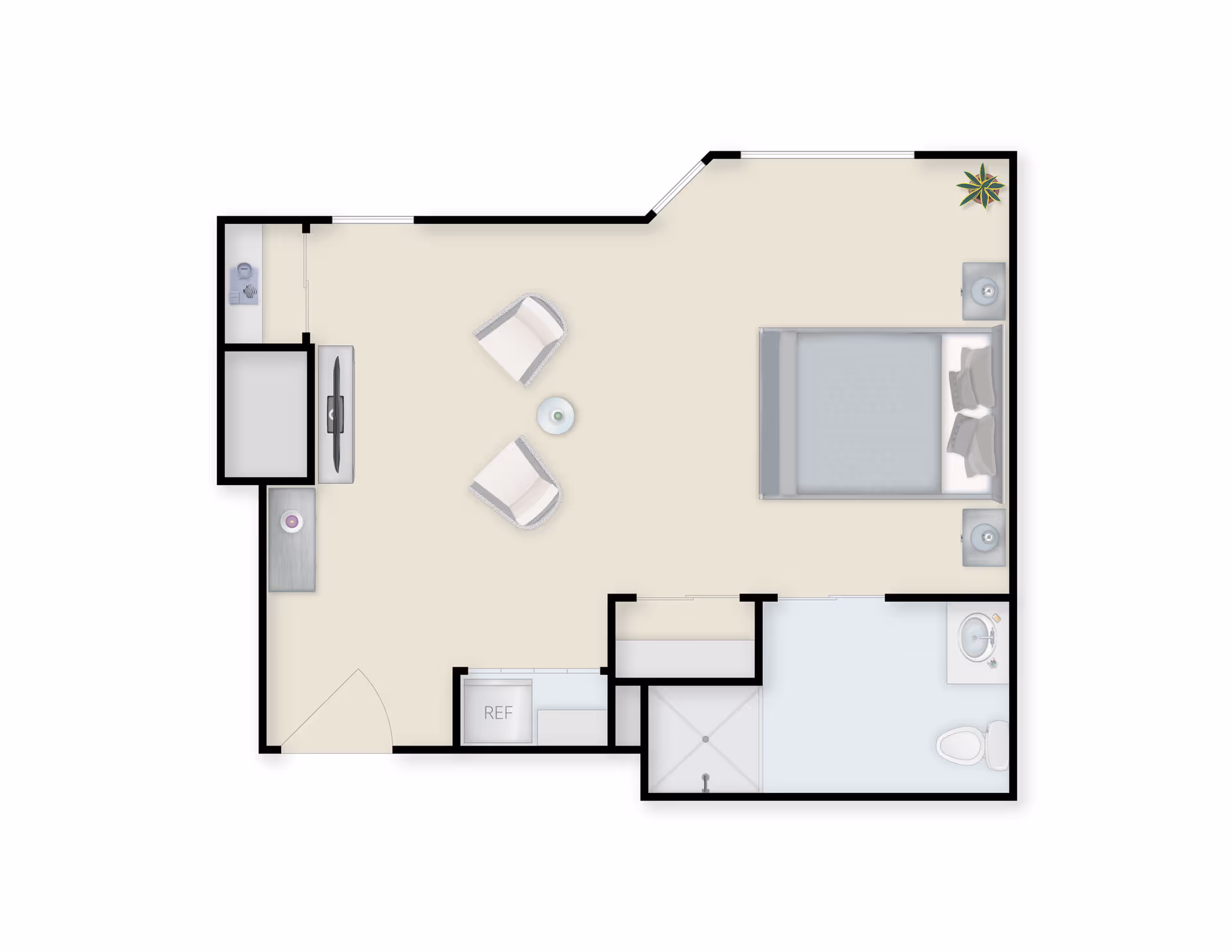 Floor plan of a studio apartment featuring a bedroom area with a bed and two nightstands, a living area with two chairs and a small table, a kitchenette with a refrigerator, and a bathroom with a shower, toilet, and sink.