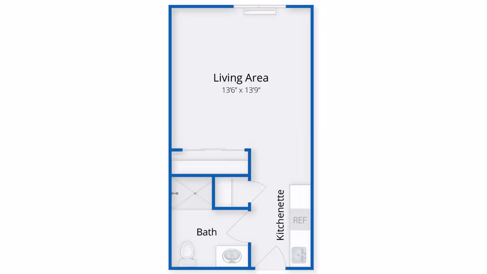 Floor plan of a small apartment unit showing a living area measuring 13 feet 6 inches by 13 feet 9 inches, a kitchenette with a refrigerator and sink, and a bathroom with a toilet, sink, and shower.