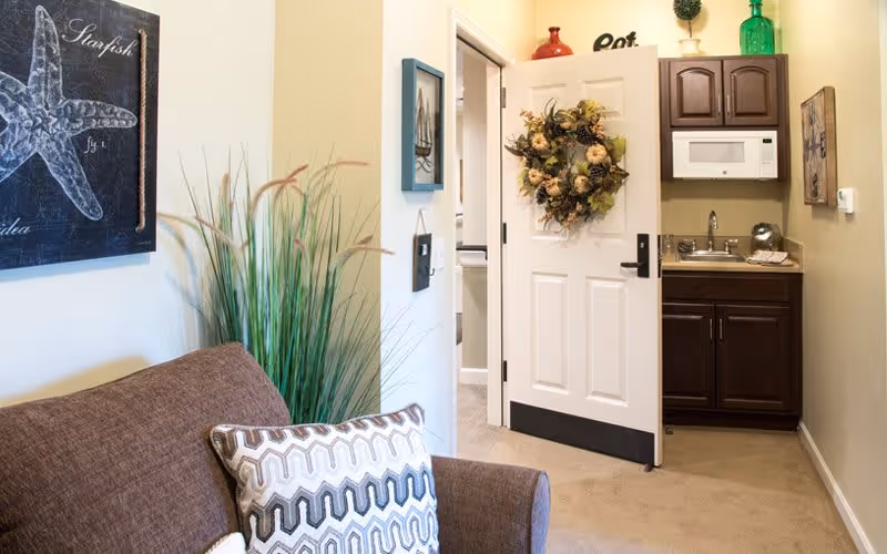 Cozy living area with a brown couch and patterned pillow, decorative wall art and plants, and a doorway opening to a small kitchenette with cabinets and a microwave.