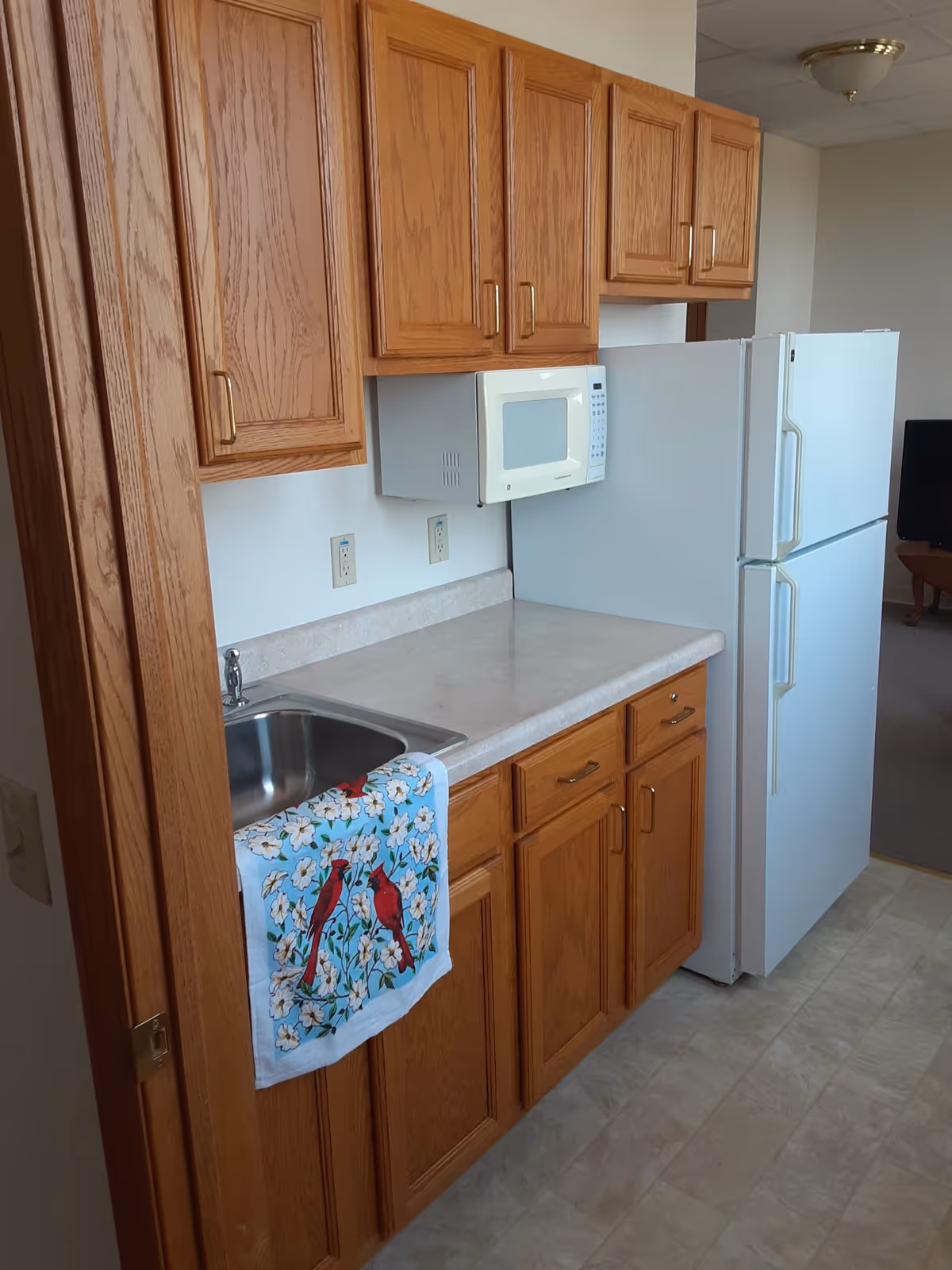 A small kitchen area with wooden cabinets, a white microwave mounted above the counter, a white refrigerator, and a stainless steel sink with a colorful towel featuring red birds and white flowers hanging on the cabinet door.