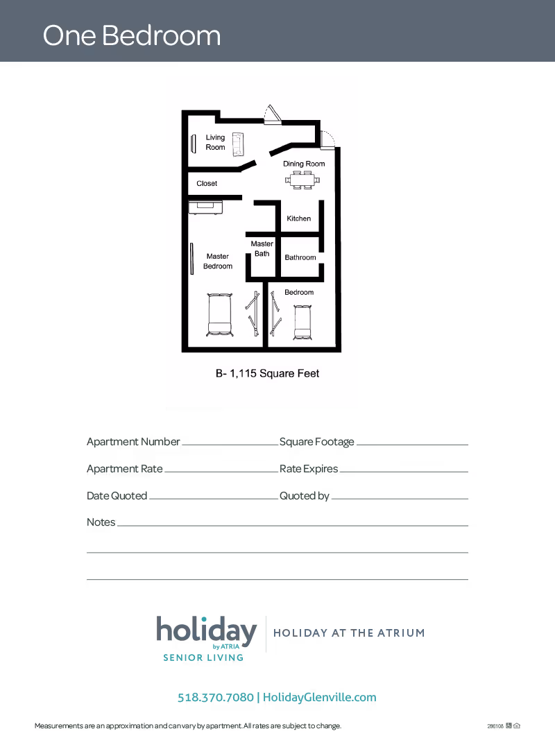 A black poster displaying a one-bedroom apartment floor plan labeled B - 1,115 Square Feet with Holiday Senior Living branding and contact information.