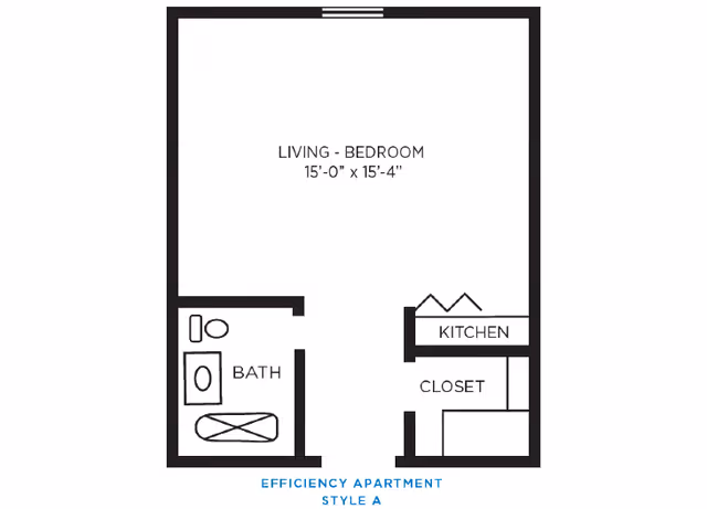 Floor plan of an efficiency apartment style A at Foulk Living, showing a combined living-bedroom area measuring 15 feet by 15 feet 4 inches, a bathroom with a toilet, sink, and bathtub, a kitchen area, and a closet.