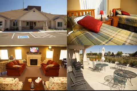 Collage of four images showing different areas of Aspen House facility: top left is the front exterior of a single-story building with a handicap parking space; top right is a bedroom with two twin beds, a nightstand, and a lamp; bottom left is a living room with sofas, armchairs, a coffee table, and a fireplace with a TV above it; bottom right is an outdoor patio area with tables, chairs, and umbrellas.