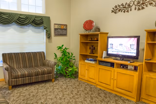 A cozy living room area with a striped loveseat, a green potted plant, and wooden entertainment cabinets. A flat-screen TV is on the cabinet showing a cartoon. The room has a window with green valance curtains and a decorative wall piece above the TV.