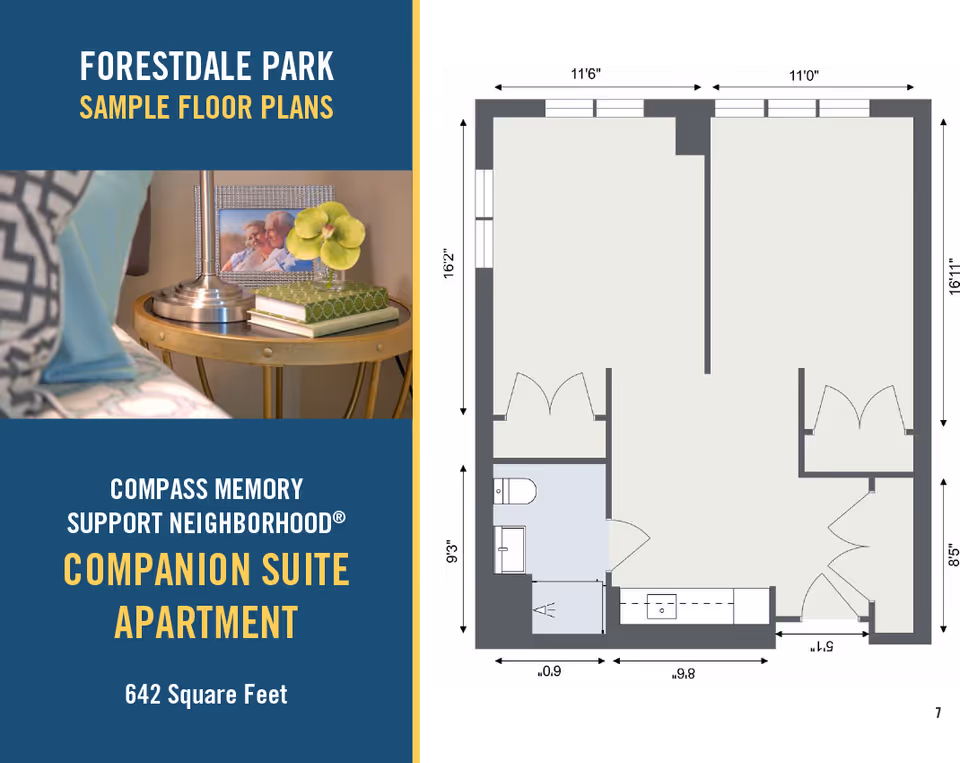 Sample floor plan graphic for Forestdale Park's 642-square-foot Companion Suite Apartment, showing a bedside-table photo and the apartment layout diagram.