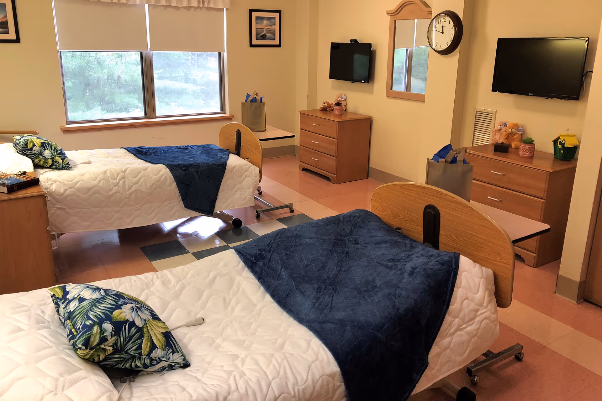 A bright room with two hospital-style beds, each with white bedding, a blue throw blanket, and a decorative pillow with a leaf pattern. The room has a large window with a view of greenery outside, two wooden dressers with small decorations, a wall-mounted TV, a clock, and a mirror on the wall.