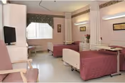 A clean and well-lit room with two hospital-style beds covered with maroon bedspreads, separated by a curtain. Each bed has an overbed table and a nightstand with flowers. A television is mounted on a cabinet to the left, and a window with a valance lets in natural light. The walls are decorated with framed pictures and a floral wallpaper border near the ceiling.