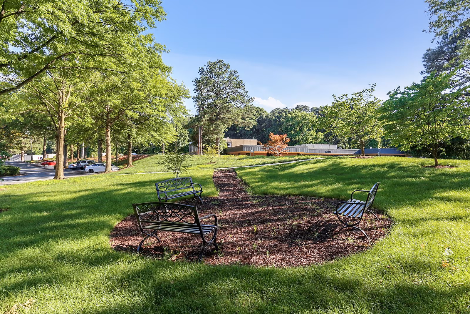 Outdoor garden area with green grass, several trees, and three black metal benches arranged around a mulched circular patch. A paved path leads up a small hill towards a building in the background under a clear blue sky.