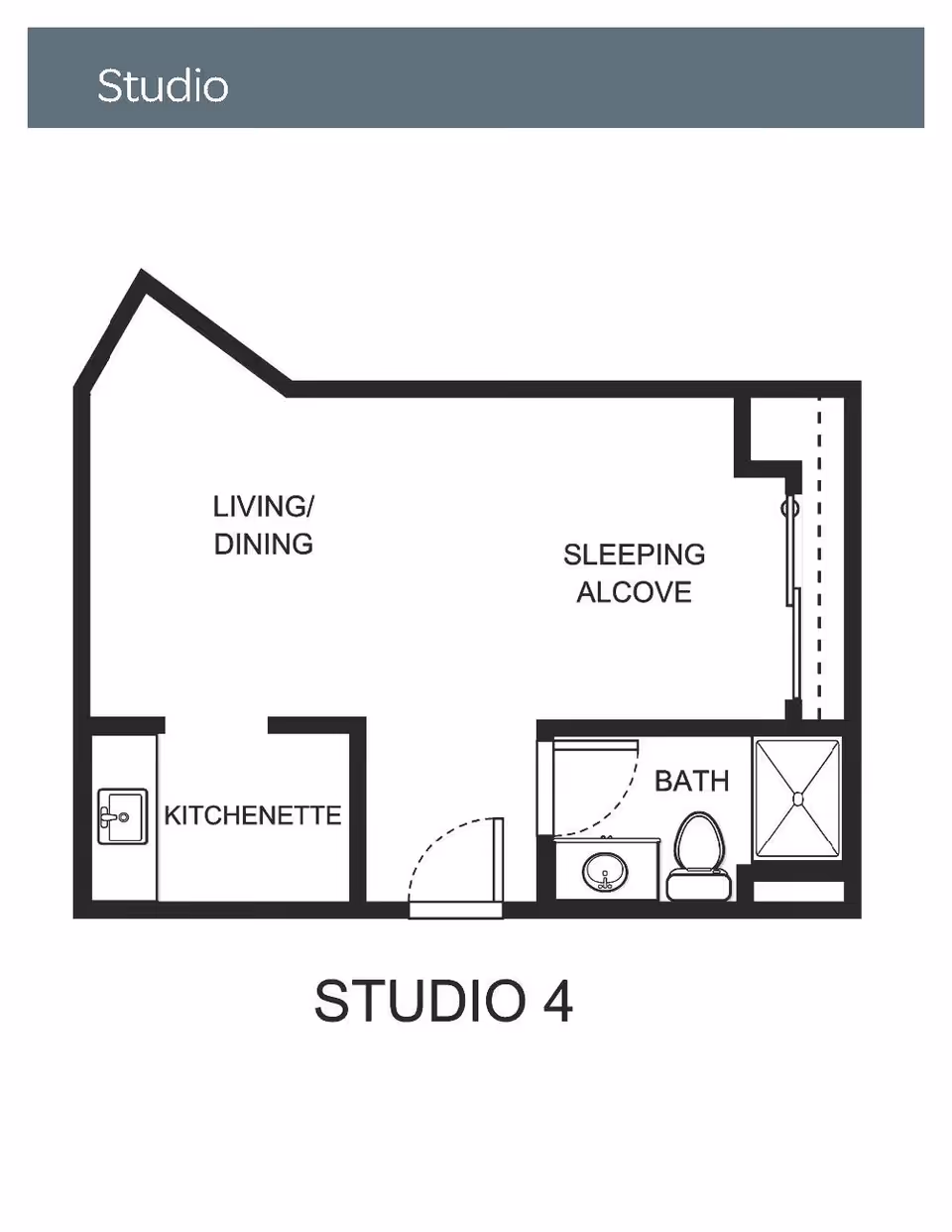 Floor plan of a studio apartment labeled Studio 4, showing areas for living/dining, sleeping alcove, kitchenette, and a bathroom with a sink, toilet, and shower.