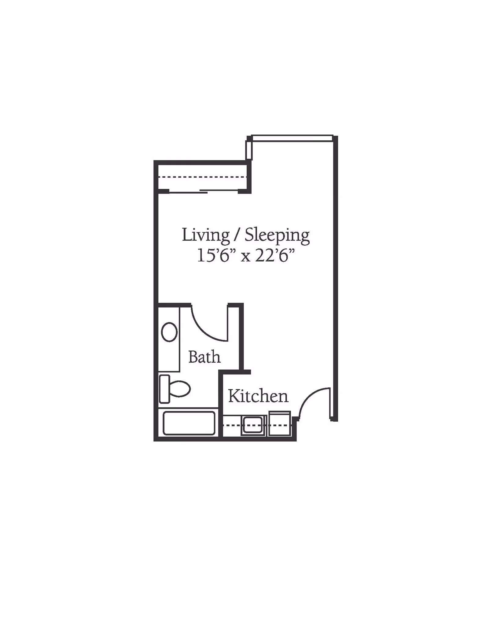 Floor plan of a studio apartment at Brookdale Lowry showing a combined living and sleeping area measuring 15 feet 6 inches by 22 feet 6 inches, a bathroom with a toilet, sink, and bathtub, and a kitchen area near the entrance.