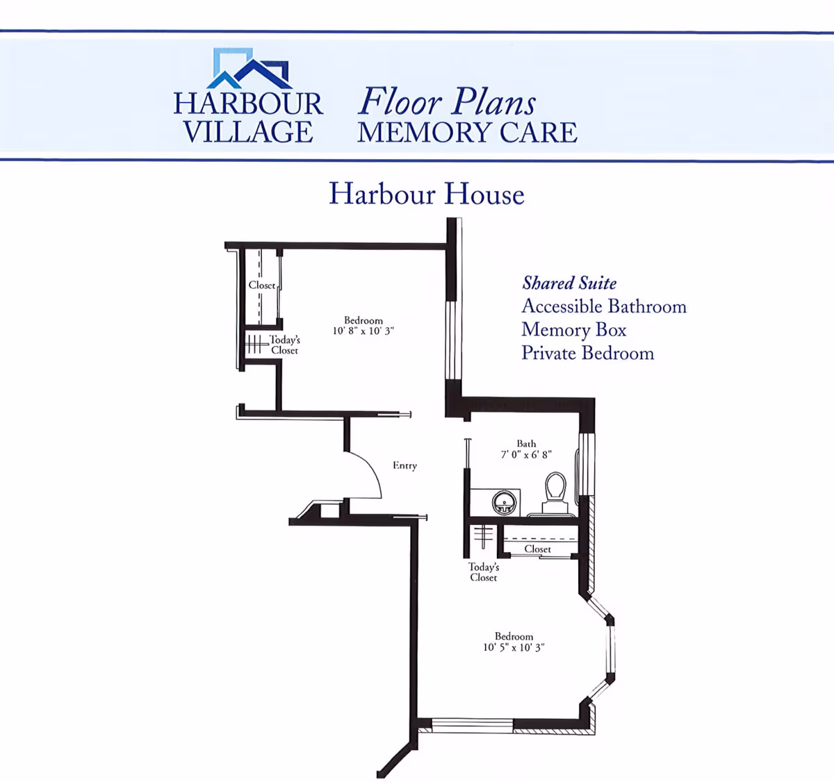 Floor plan diagram titled 'Harbour House' for a memory care shared suite showing two bedrooms, a bathroom, closets, and an entry.