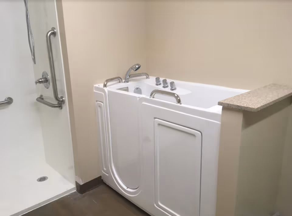 A bathroom featuring a walk-in shower with grab bars and a walk-in bathtub with handles and faucet controls, designed for accessibility and safety.