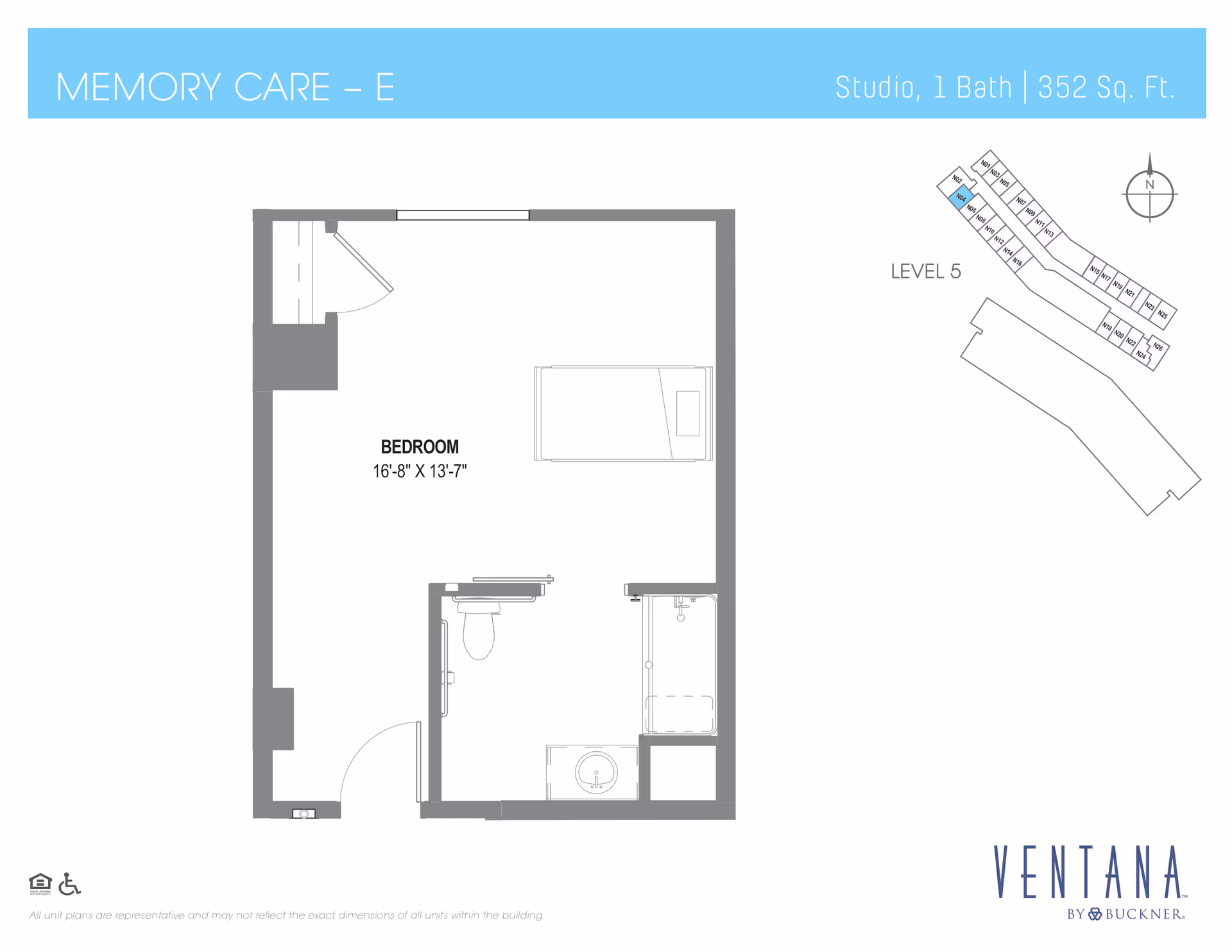 Floor plan for a Memory Care studio apartment labeled Memory Care - E, showing a bedroom area measuring 16 feet 8 inches by 13 feet 7 inches, a bathroom with a toilet, sink, and shower, and a small closet. The plan includes a layout of the building's level 5 with the unit highlighted. The image has the Ventana by Buckner logo at the bottom right.
