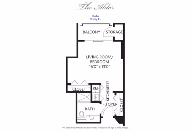 Floor plan of a studio apartment named The Alder, 385 square feet, featuring a living room/bedroom area measuring 16 feet by 13 feet, a balcony with adjacent storage, a kitchenette, a foyer, a bathroom, and two closets.
