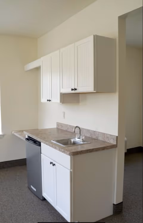 Small kitchenette with a countertop and sink, white upper and lower cabinets, and a compact dishwasher in a neutral room.