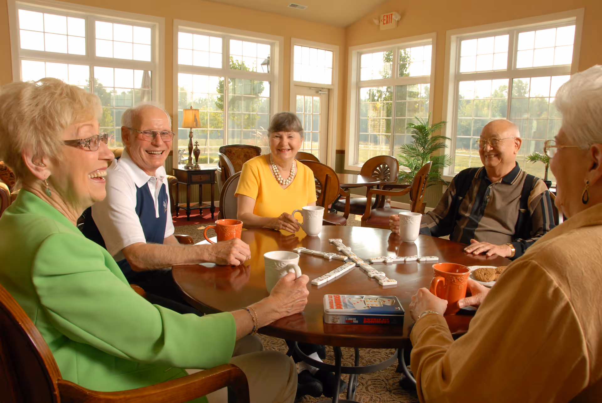 Five elderly people sitting around a round wooden table in a bright room with large windows, playing a game of dominoes and enjoying drinks from mugs. The room has comfortable chairs, a lamp on a side table, and a plant near the window.