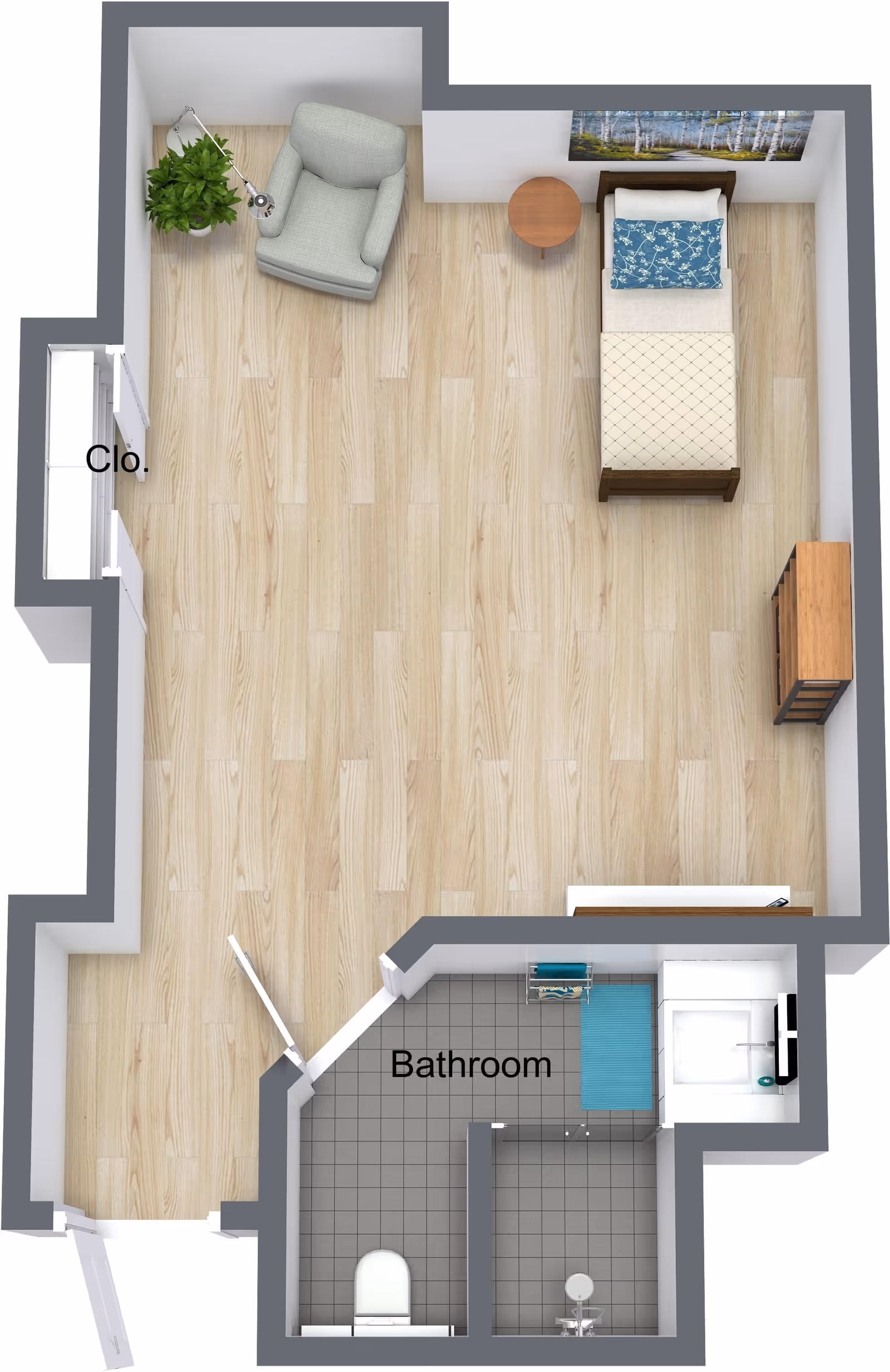 3D floor plan of a senior living unit showing a bedroom area with a single bed, a small round table, an armchair with a floor lamp and a plant, a dresser, and a closet. The unit also includes a bathroom with a toilet, shower, sink, and a blue bath mat.