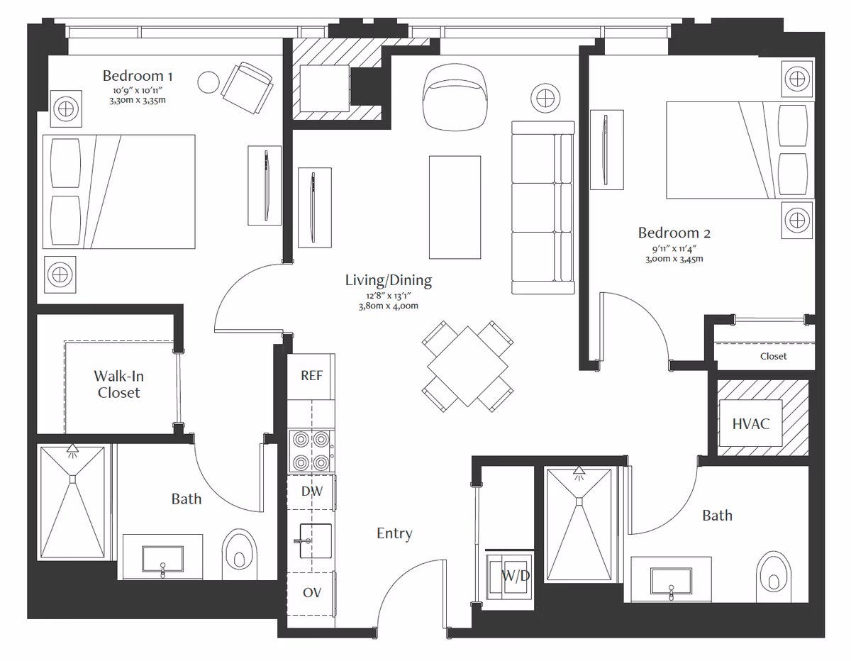 Architectural floor plan of a two-bedroom apartment at Coterie Cathedral Hill, featuring Bedroom 1 with a walk-in closet and bath, Bedroom 2 with a closet and bath, a combined living and dining area, kitchen with refrigerator, dishwasher, and oven, entryway, HVAC, and washer/dryer area.