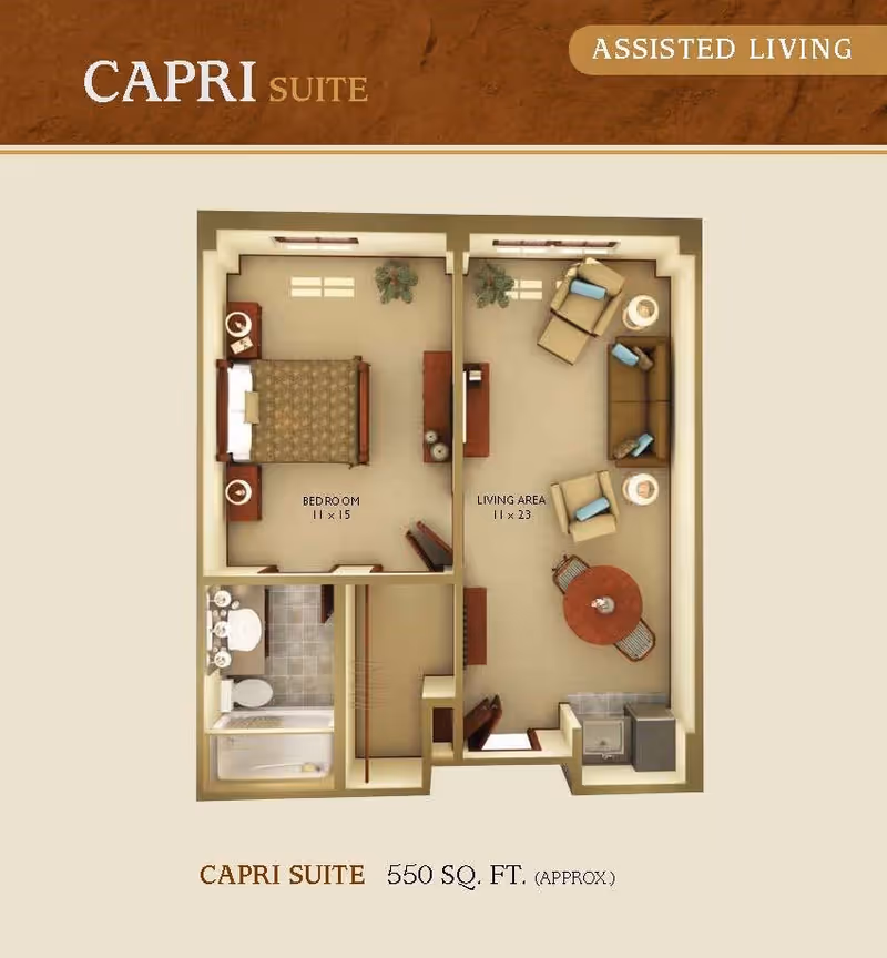 Floor plan of the Capri Suite at Mirabella Assisted Living, showing a bedroom measuring 11 by 15 feet, a living area measuring 11 by 23 feet with seating and a dining table, a bathroom with a shower, toilet, and sink, and a small kitchen area. The total area is approximately 550 square feet.